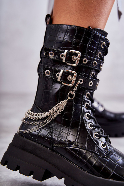 Wysokie Workery Botki Z Łańcuchem Wężowe Czarne Montero