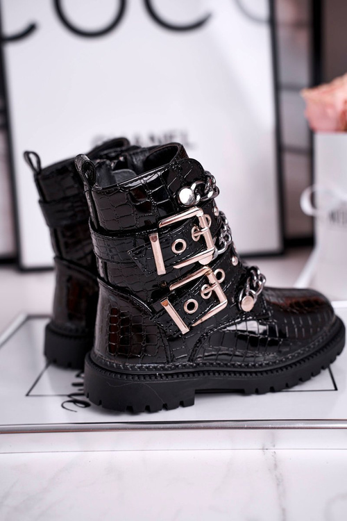 Dziecięce Botki Ocieplane z Klamrami Print Czarne Fun Time