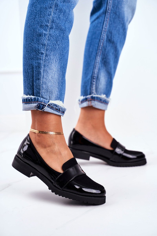 Damskie Mokasyny Lordsy Lakierowana Skóra Czarne Nicole 2589