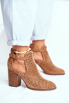 Botki Damskie Na Słupku Zamszowe Ażurowe Camel Morrena