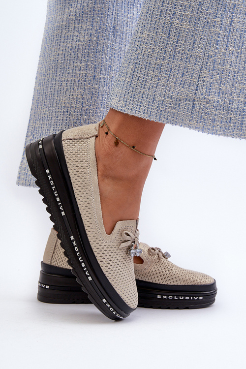 Błyszczące Mokasyny Damskie Skórzane Na Platformie S.Barski LR400 Złote