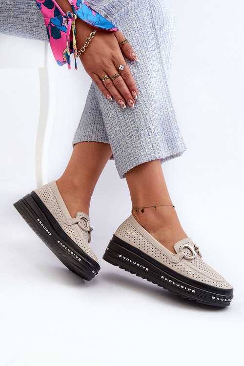 Skórzane Mokasyny Damskie Na Platformie Z Ozdobą S.Barski LR750 Beżowe