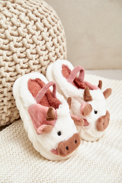 Dziecięce Futrzane Kapcie Z Motywem Krowy Różowe Tamorrin