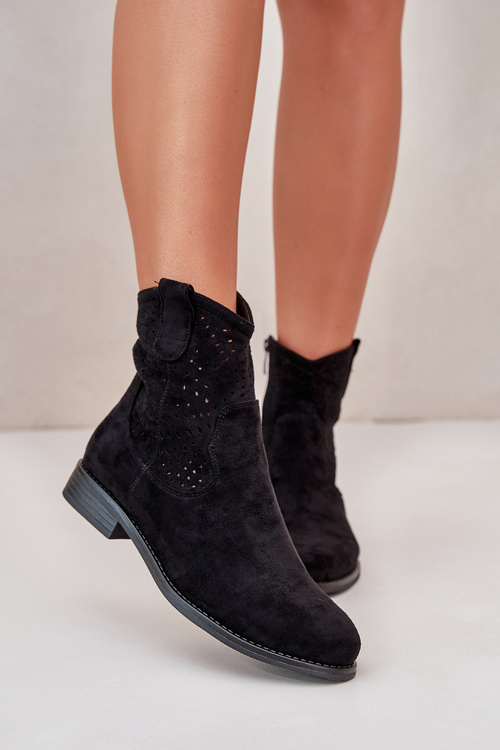 S.Barski HY66-135 Damskie Ażurowe Botki Na Płaskim Obcasie Czarne