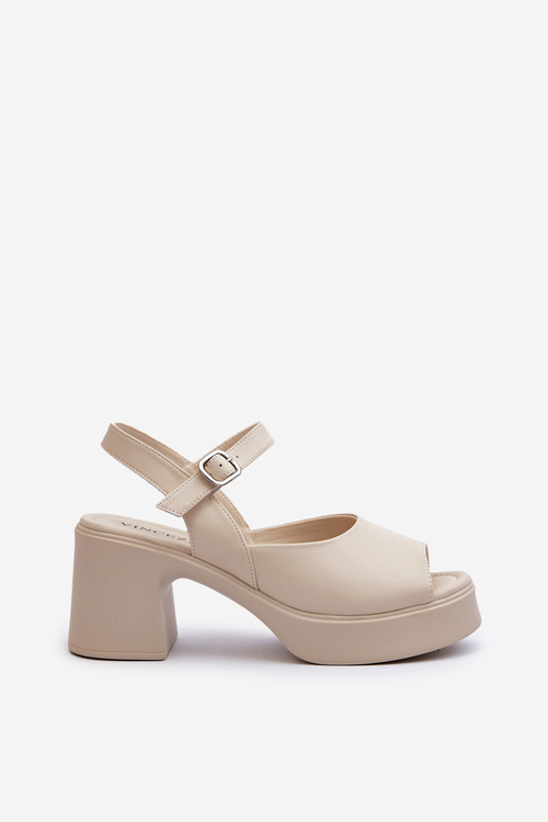 Skórzane Sandały Damskie Na Obcasie Vinceza 66627 Beżowe