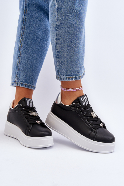 Sneakersy Damskie Na Platformie Z Ozdobami Czarne Herbisa