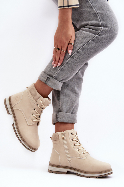 Damskie Skórzane Trapery Ocieplane Beżowe Bimena