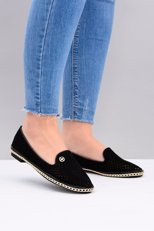 Lu Boo | Czarne Ażurowe Balerinki Lordsy Stylish