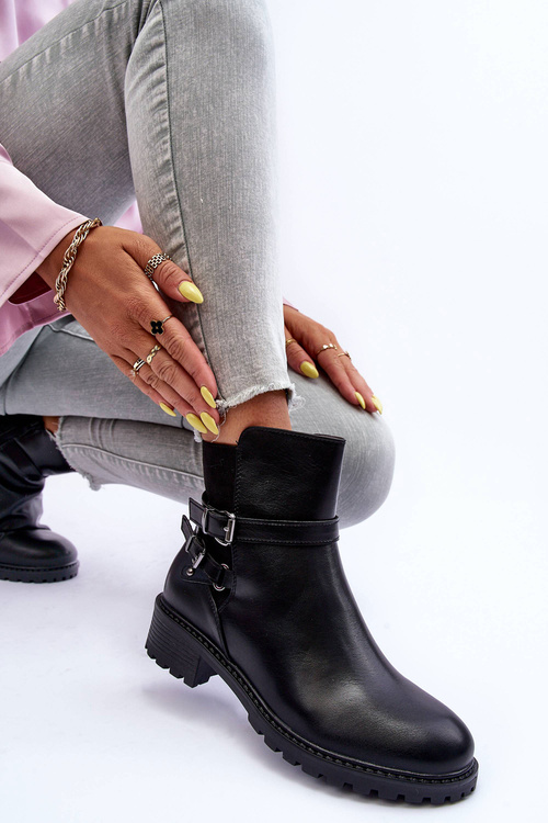 Skórzane Botki Damskie Z Paskami Czarne Minks