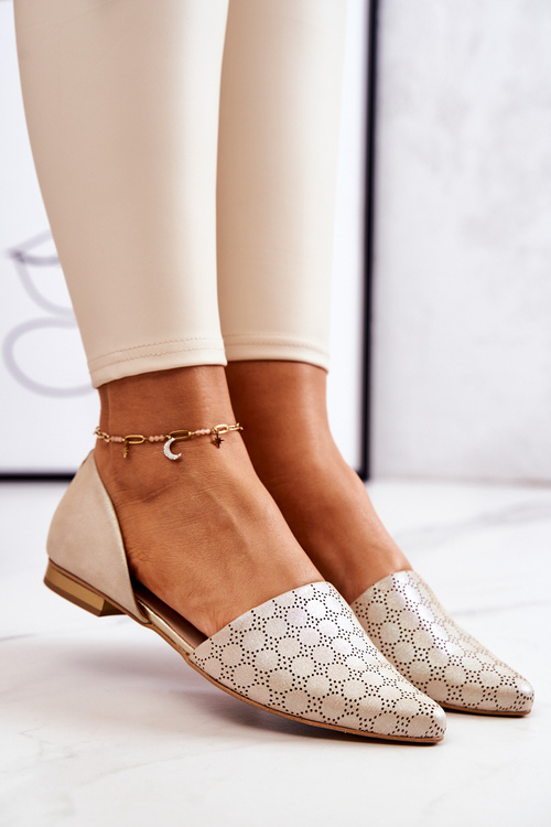 Eleganckie Skórzane Baleriny Laura Messi 1110 Złote Benzynowe