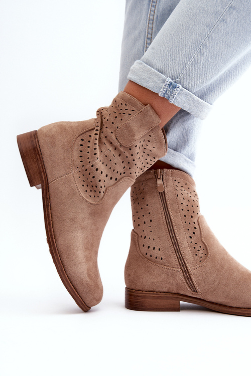 S.Barski HY66-135 Damskie Ażurowe Botki Na Płaskim Obcasie Beżowe