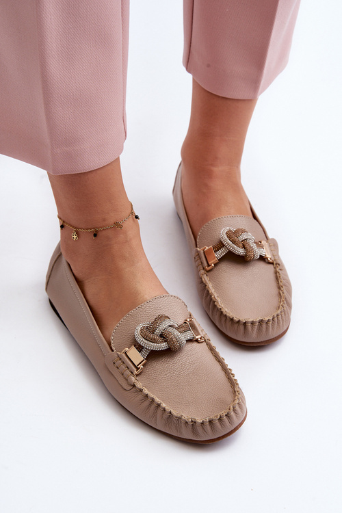 Skórzane Mokasyny Damskie Z Ozdobą Laura Messi 2761 Beżowe