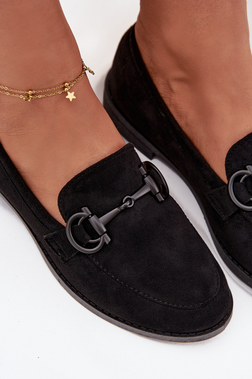 Mokasyny Damskie Z Ozdobnym Detalem Eko Zamszowe Czarne Ambria