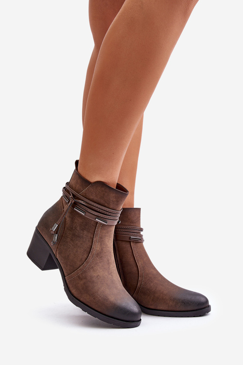 Botki Damskie Na Słupku Ocieplane Brązowe Lobina