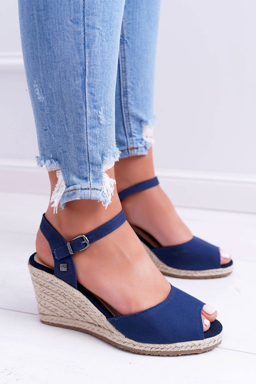 Sandały Damskie Na Plecionej Koturnie Big Star Granatowe DD274A212