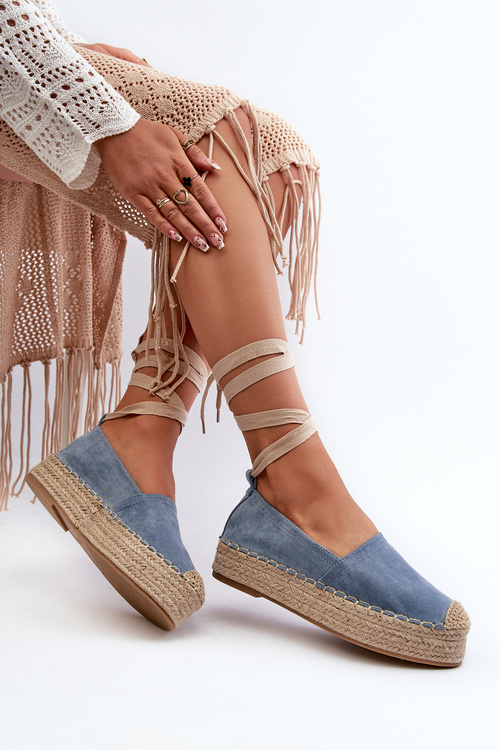 Espadryle Damskie Wiązane Na Platformie Z Plecionką Niebieskie Tailesse