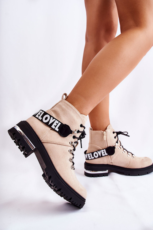 Zamszowe Ocieplane Botki Z Paskiem Beżowe Aurelio