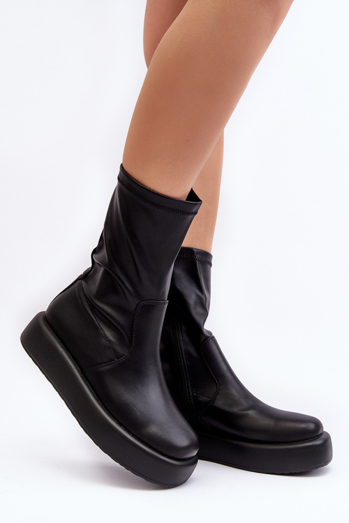 Damskie Botki Na Platformie Ekoskóra Czarne Algedi