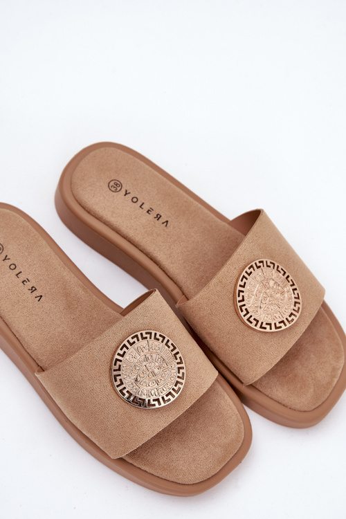 Klapki Damskie Ze Złotą Ozdobą Beżowe Kaliora