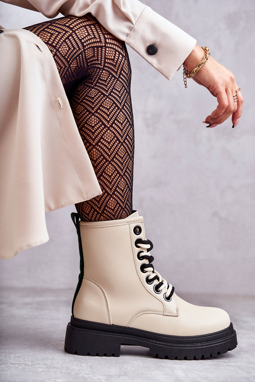 Damskie Skórzane Botki Workery Jasnobeżowe Denila