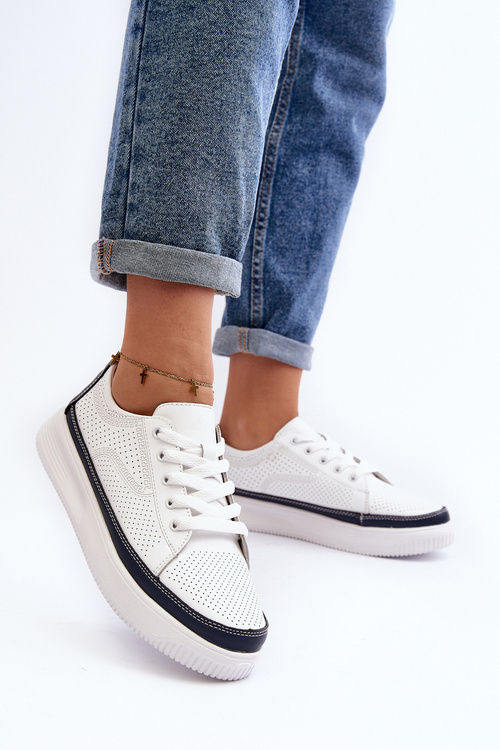 Damskie Skórzane Buty Sportowe Sneakersy Biało-Granatowe Failla