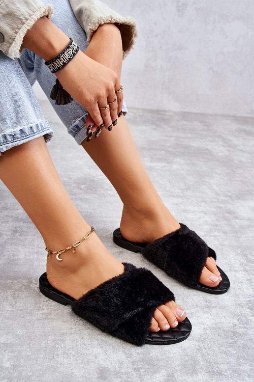Damskie Klapki Na Płaskim Obcasie Z Futerkiem Czarne Lussie