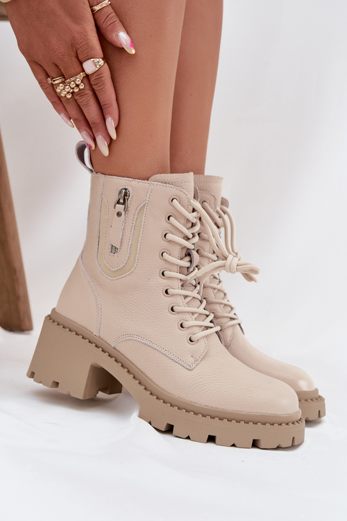 Skórzane Botki Damskie Na Klocku Ocieplane Vinceza 86418 Beżowe