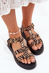 Sandały Damskie Na Platformie Ze Złotym Detalem Zebra Beżowo-Czarne Fevire