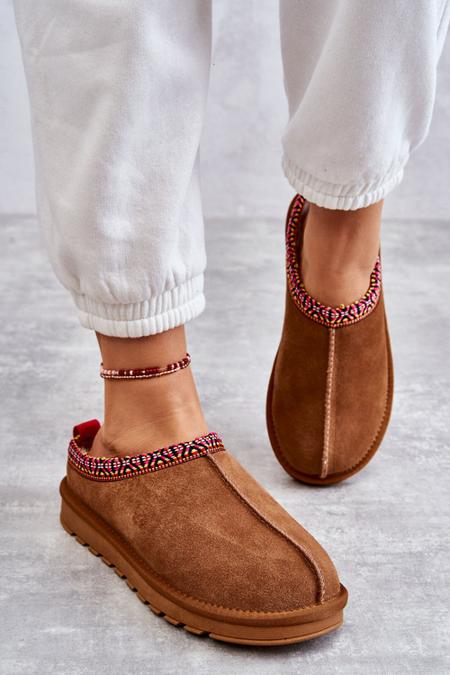 Zamszowe Damskie Papcie Z Futerkiem Camel Buffie