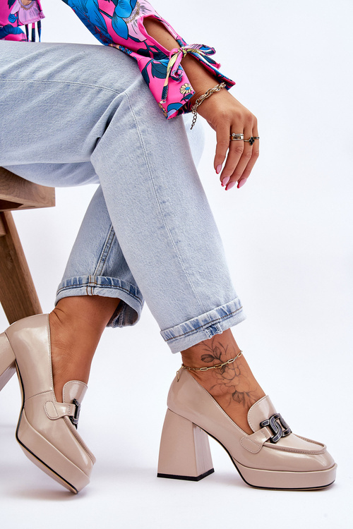 Skórzane Czółenka Na Masywnym Obcasie Beżowe Maximo