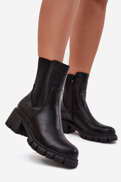 Botki Damskie Na Klocku Eko Skórzane Czarne Kyra