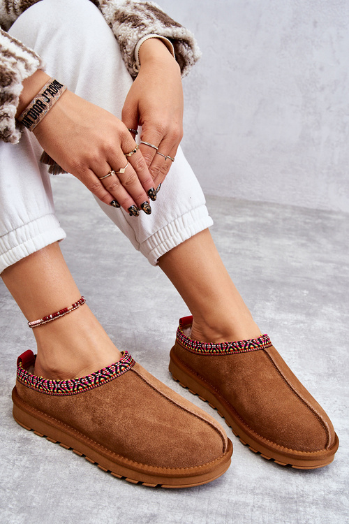 Zamszowe Damskie Papcie Z Futerkiem Camel Buffie