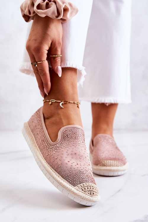 Damskie Materiałowe Espadryle Z Cyrkoniami Różowe Deimos