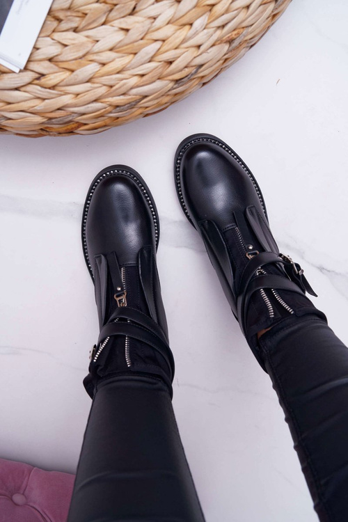 Botki Damskie Płaskie z Kryształkami Klamra Czarne Denovio