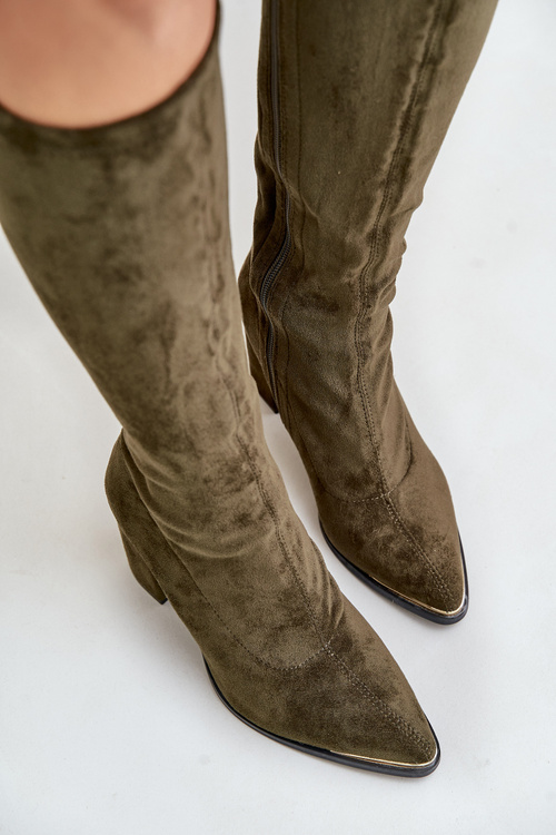 Eko Zamszowe Kozaki Na Słupkowym Obcasie Ciemnozielone Batirae