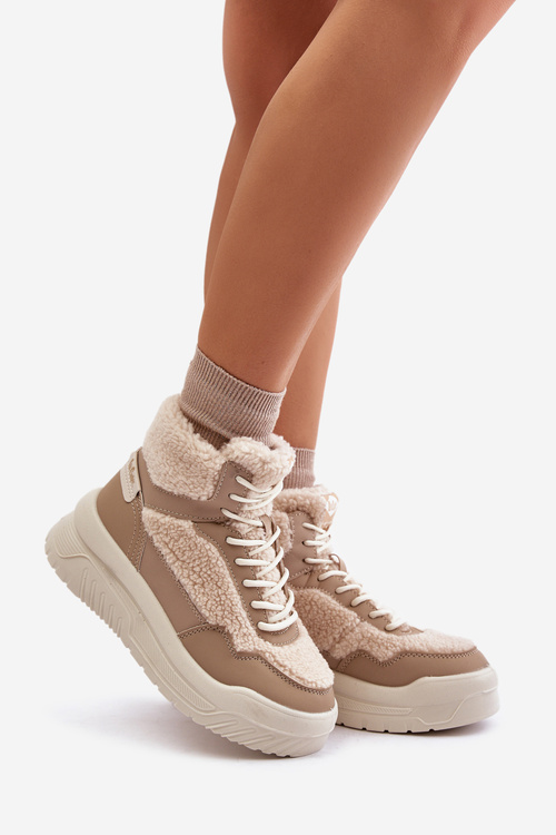 Sneakersy Damskie Na Platformie Z Futerkiem Typu Baranek Lee Cooper LCJ-24-47-3146 Beżowe