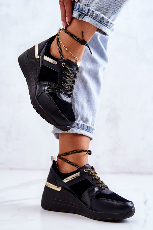 Skórzane Buty Sportowe Na Koturnie Czarne Rayana