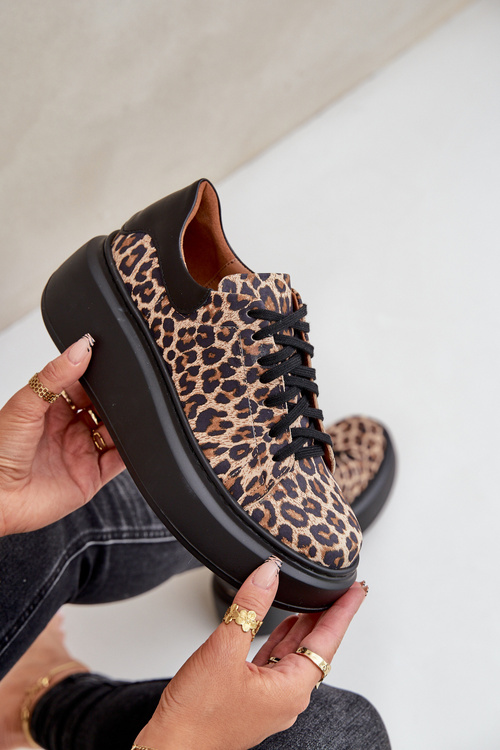 Skórzane Sneakersy Na Platformie W Panterkę Zazoo 3346 Brązowo-Czarne