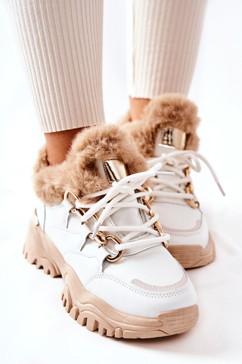 Skórzane Ocieplane Sportowe Buty Biało-Beżowe Shiney