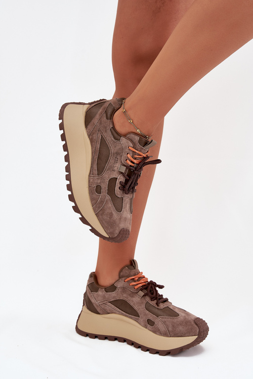 Skórzane Sneakersy Na Platformie Damskie Big Star SS274627 HI-POLY SYSTEM Beżowe