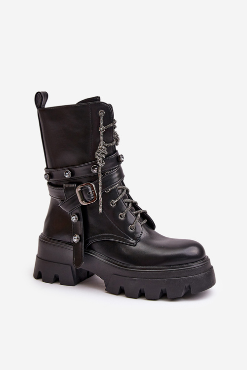 Ocieplane Botki Workery Damskie Z Paskami Czarne Berivana