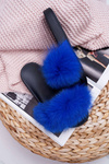 Damskie Klapki z Naturalnym Futerkiem Szafirowe Naturis