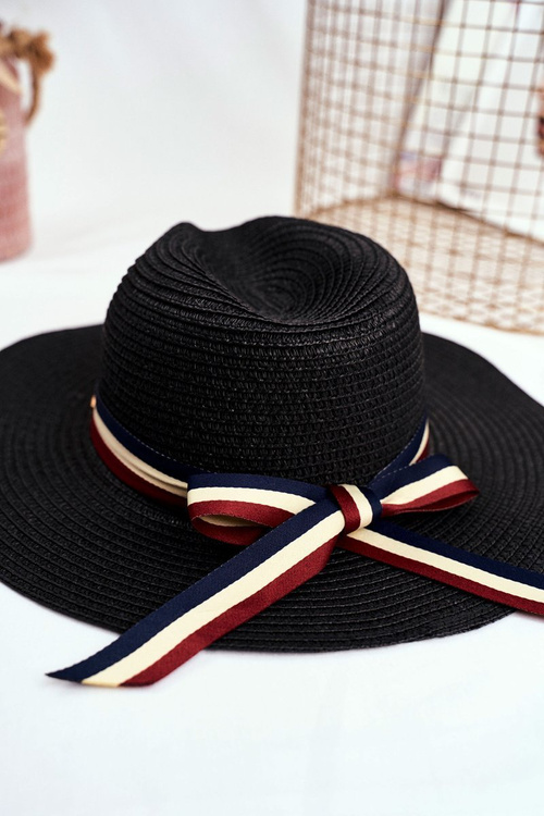 Damski Kapelusz Panama 100% Papier Granatowy Wstążka Złota Mucha