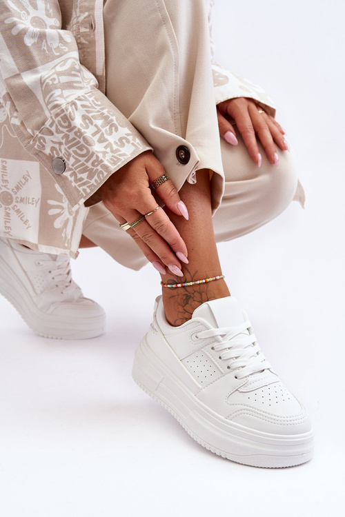 Damskie Skórzane Buty Sportowe Na Masywnej Platformie Białe Belisso