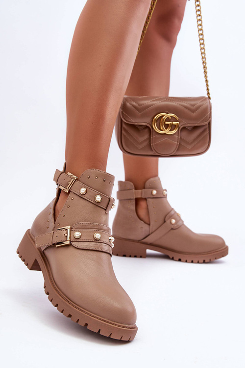 Damskie Botki Trapery Z Perełkami Beżowe Klarisa