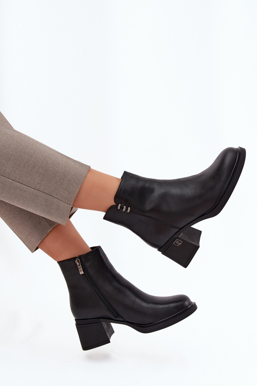 Skórzane Ocieplane Botki Damskie Na Klocku Vinceza 91159 Czarne