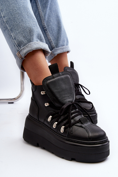 Zazoo 3416 Skórzane Damskie Buty Sportowe Czarne