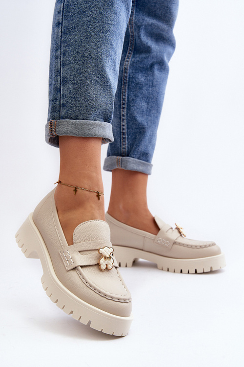 Skórzane Półbuty Mokasyny Z Misiem CheBello 4291 Jasnobeżowe