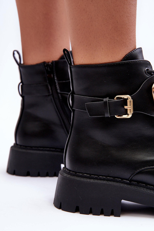 Skórzane Botki Workery Damskie Z Ozdobą Czarne Lalede