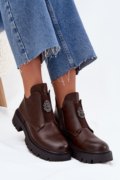 Ocieplane Niskie Botki Damskie Z Ozdobą Na Zamek Brązowe Lavira